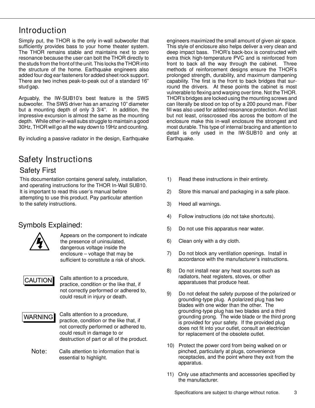 Earthquake Sound THOR IW--SUB10 user manual Introduction, Safety Instructions 