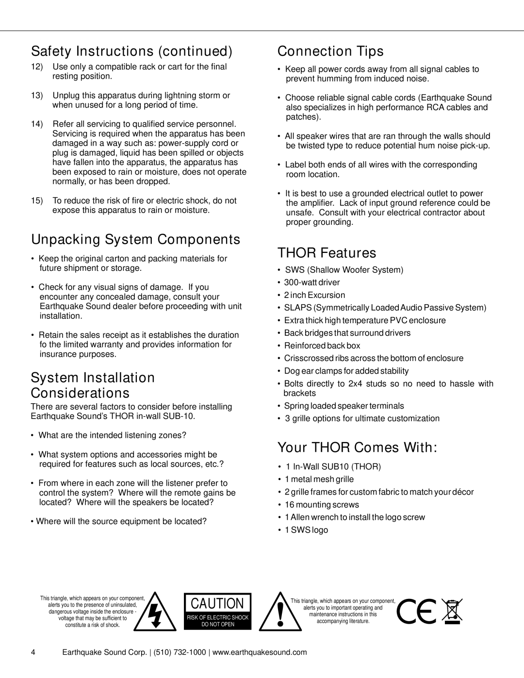 Earthquake Sound THOR IW--SUB10 Unpacking System Components, System Installation Considerations, Connection Tips 