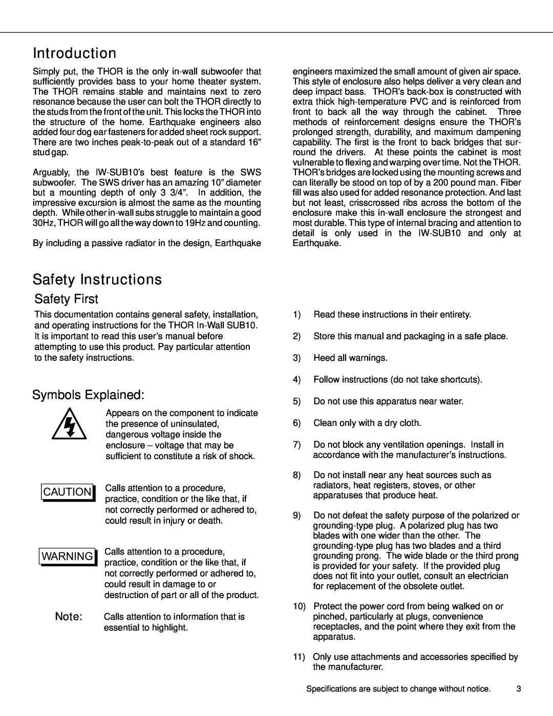 Earthquake Sound THOR IW--SUB10 user manual Introduction, Safety Instructions, Safety First, Symbols Explained 