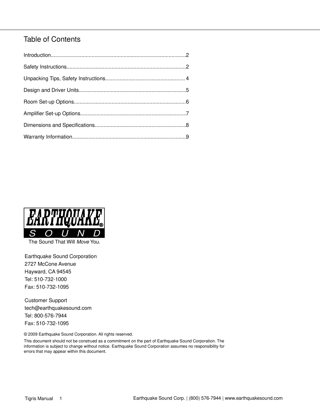 Earthquake Sound Tigris manual U N D, Table of Contents 