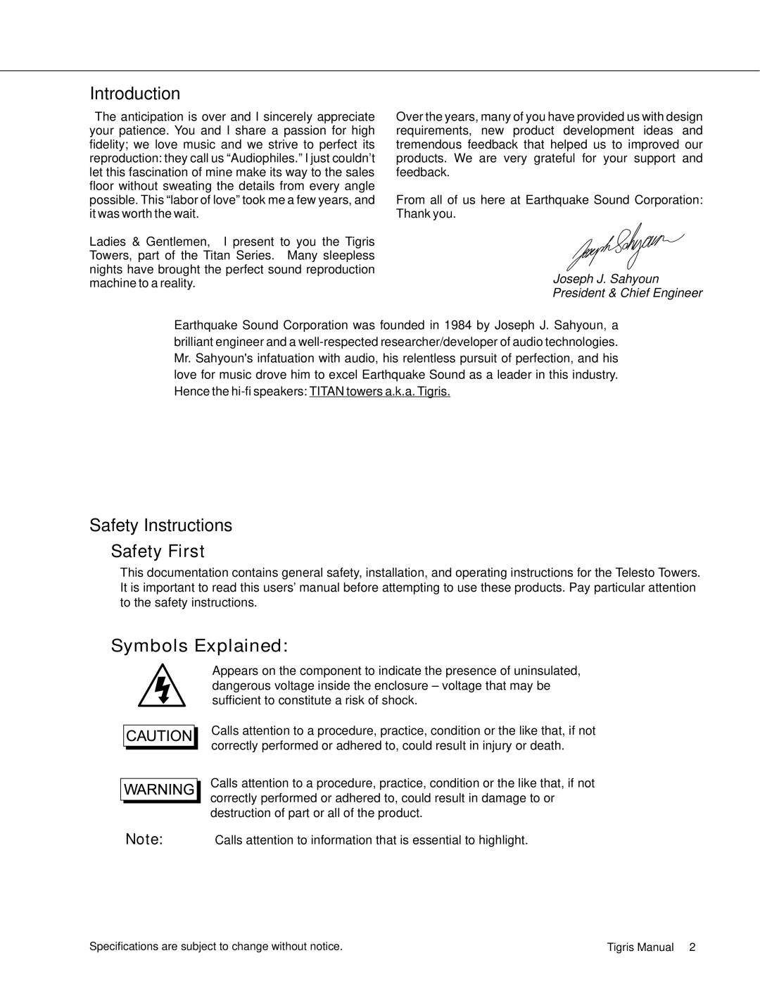 Earthquake Sound Tigris manual Introduction, Safety Instructions, Safety First, Symbols Explained 