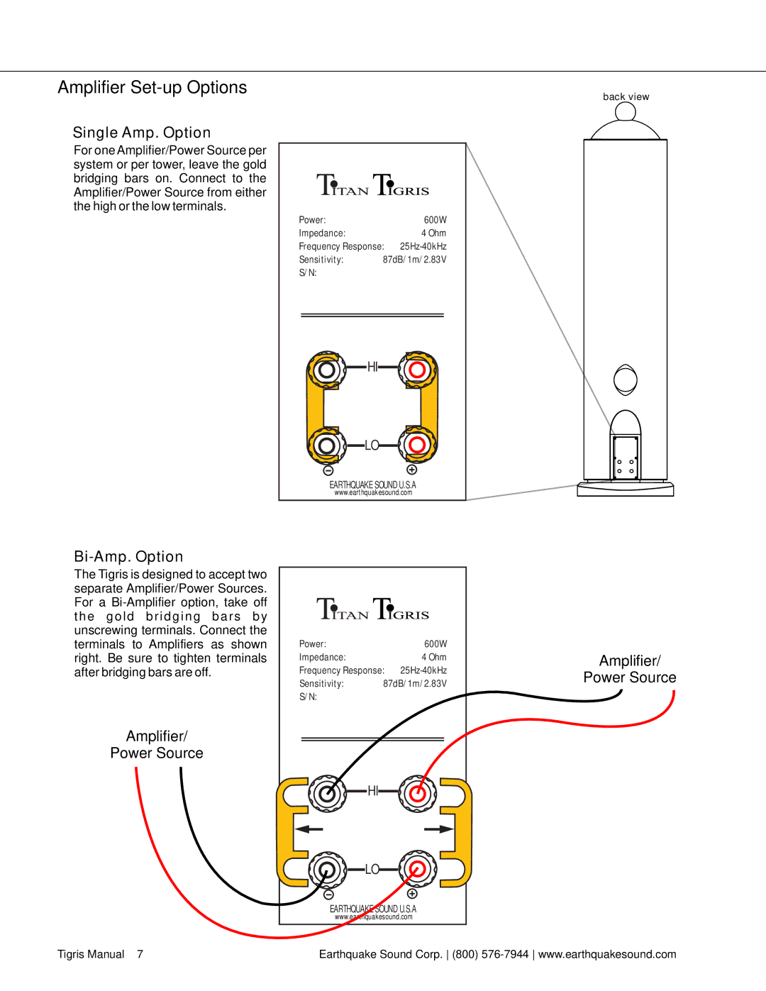 Earthquake Sound Tigris manual Amplifier Set-up Options, Single Amp. Option 