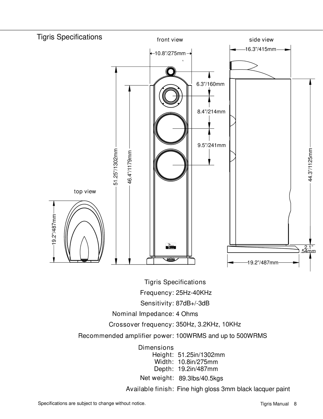 Earthquake Sound manual Tigris Specifications 