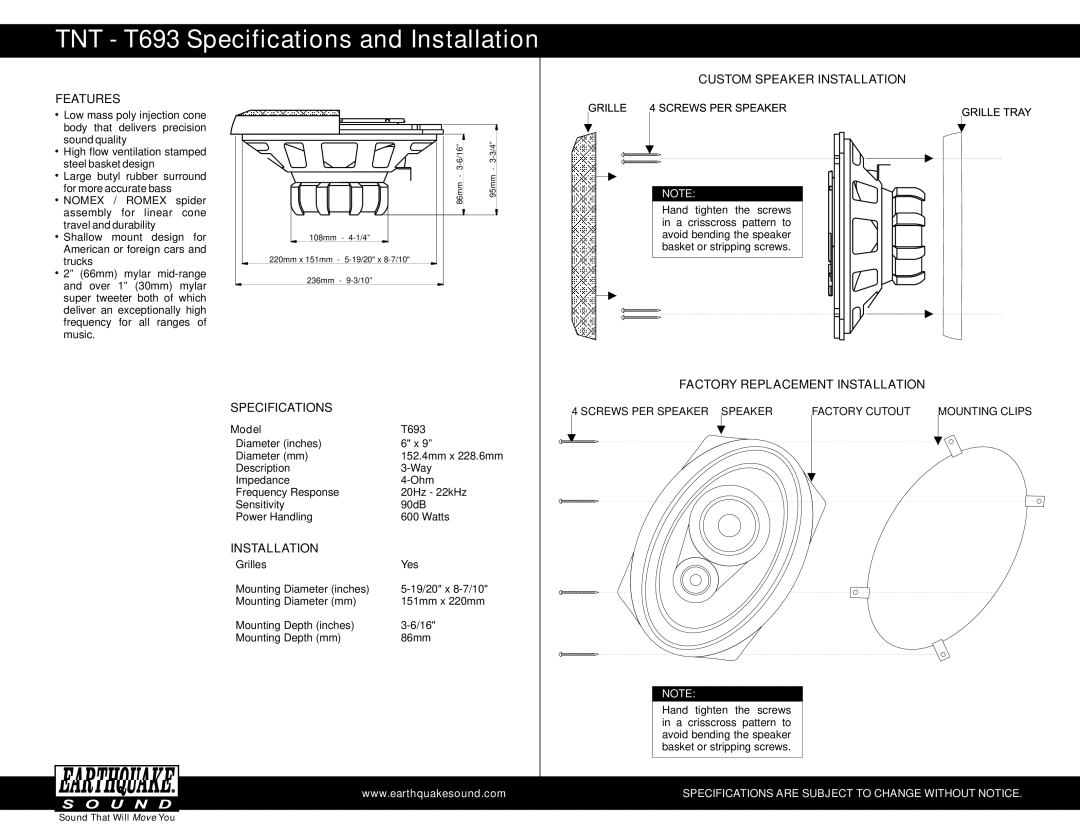 Earthquake Sound TNT - T693 specifications TNT T693 Specifications and Installation, Custom Speaker Installation Features 