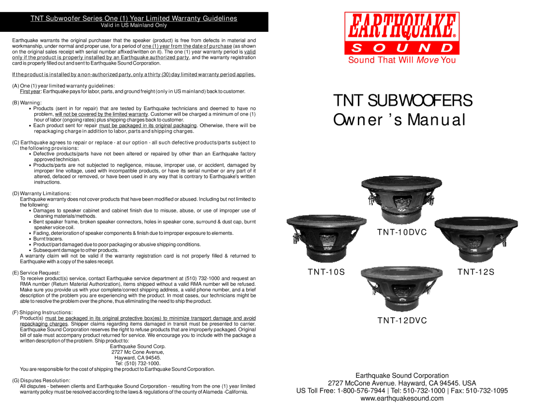 Earthquake Sound TNT-12S owner manual Warranty Limitations, Service Request, Shipping Instructions, Disputes Resolution 