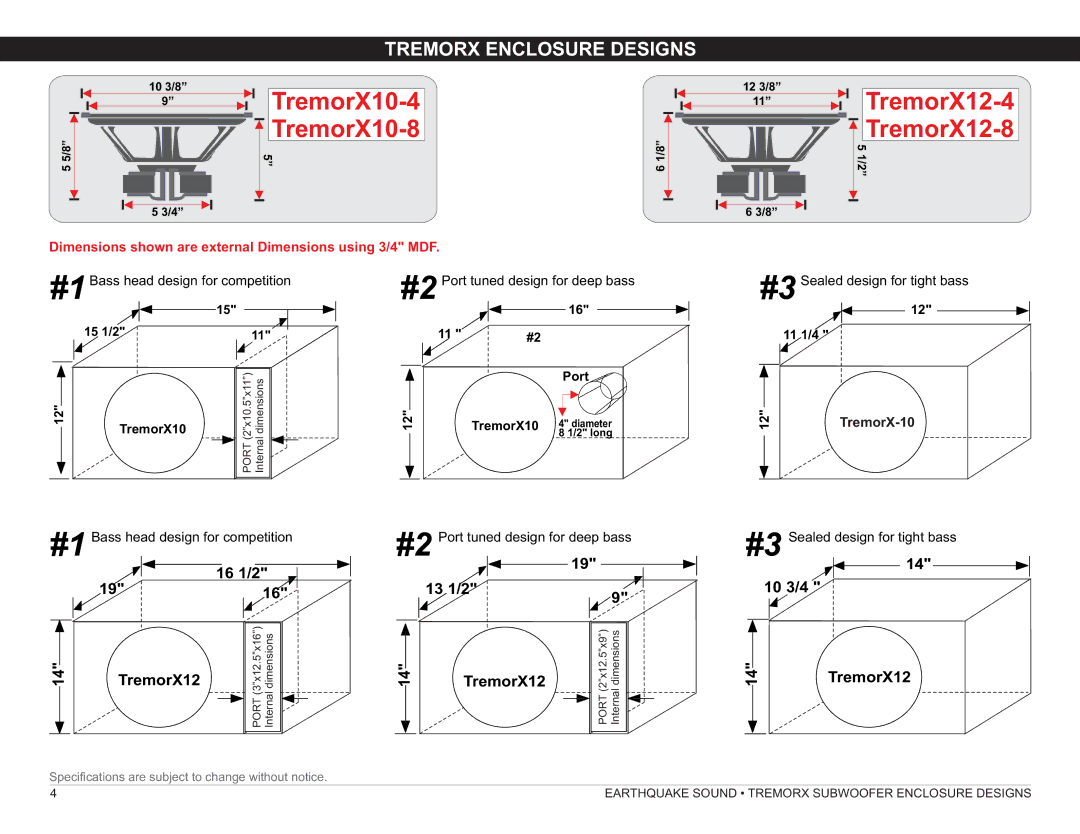 Earthquake Sound TREMORX15-4/15-8 manual TremorX10-4, TremorX10-8, TremorX12-4, TremorX12-8, Tremorx Enclosure Designs 