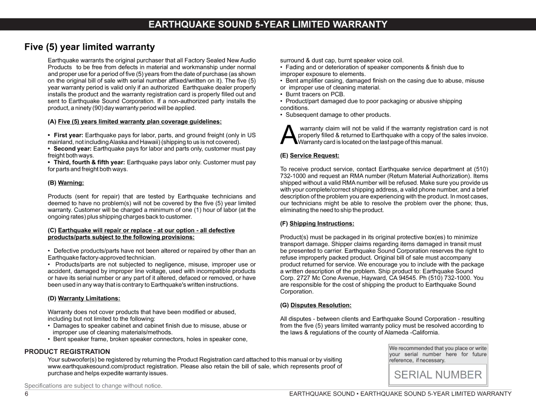 Earthquake Sound TREMORX10-4/10-8, TREMORX15-4/15-8 manual Earthquake Sound 5-YEAR Limited Warranty, Product Registration 