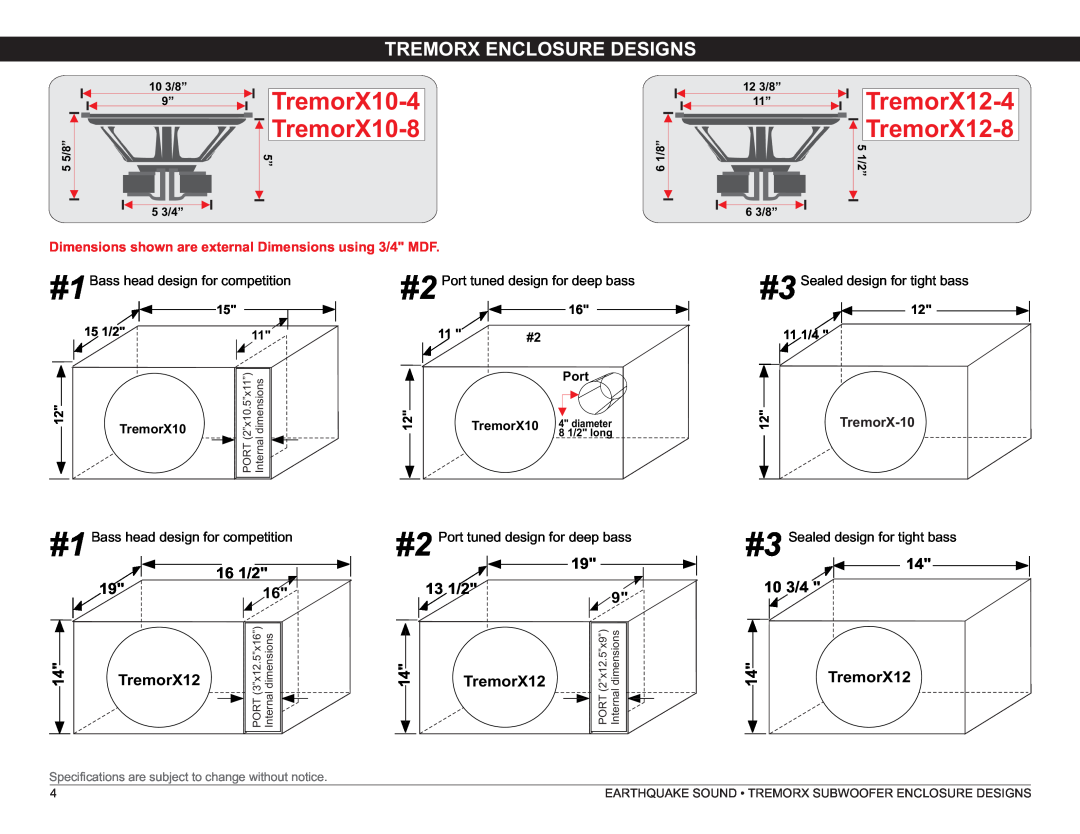 Earthquake Sound TREMORX15-4/15-8 TremorX10-4, TremorX10-8, TremorX12-4, TremorX12-8, Tremorx Enclosure Designs, 16 1/2 