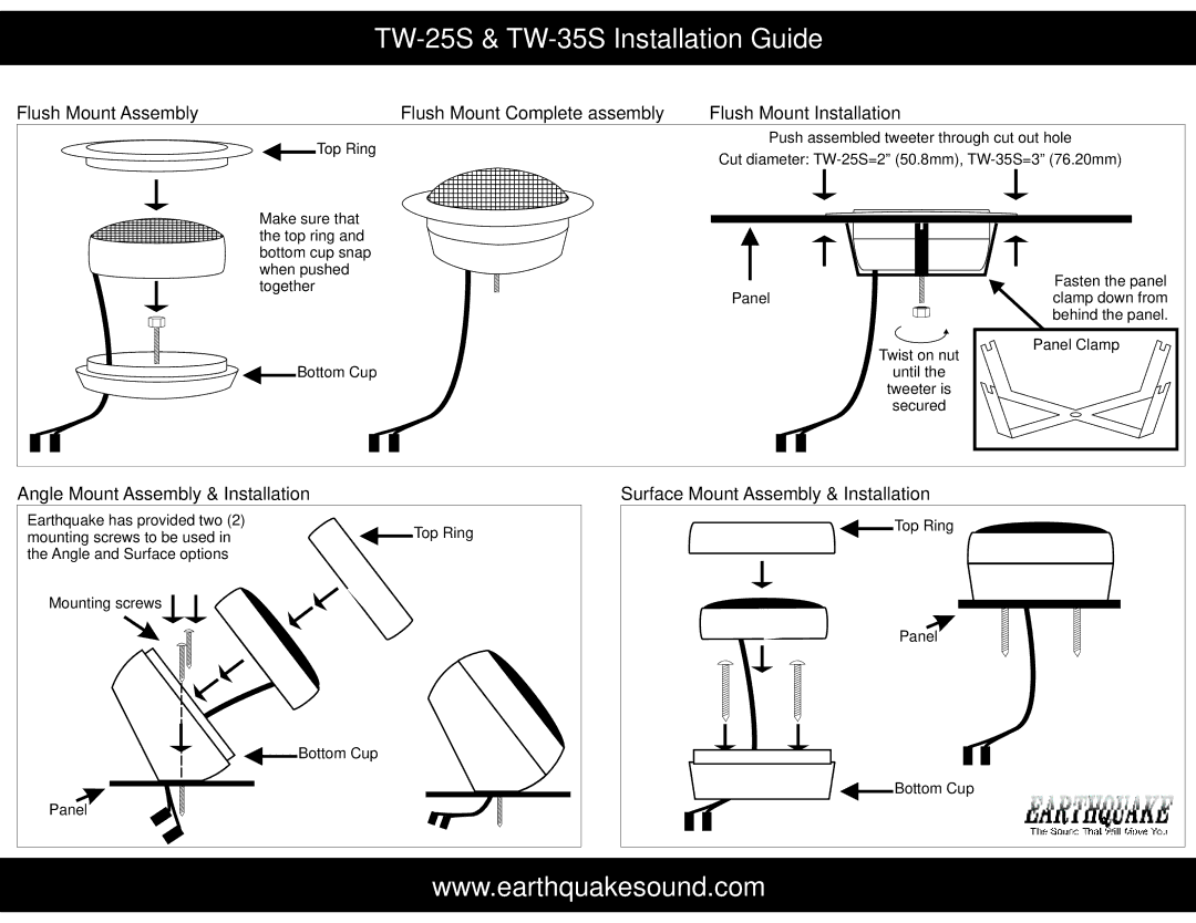 Earthquake Sound manual TW-25S & TW-35S Installation Guide, Angle Mount Assembly & Installation 