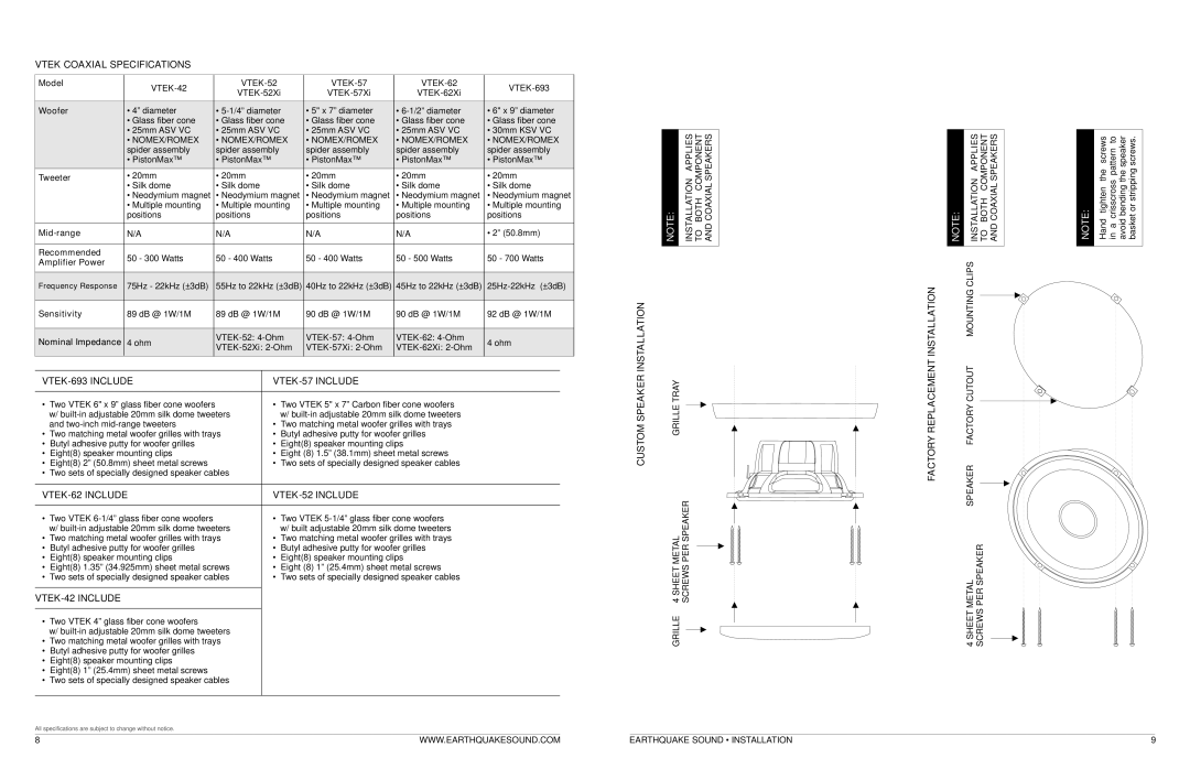 Earthquake Sound VTEK MC5 Vtek Coaxial Specifications, VTEK-693 Include VTEK-57 Include, VTEK-62 Include VTEK-52 Include 