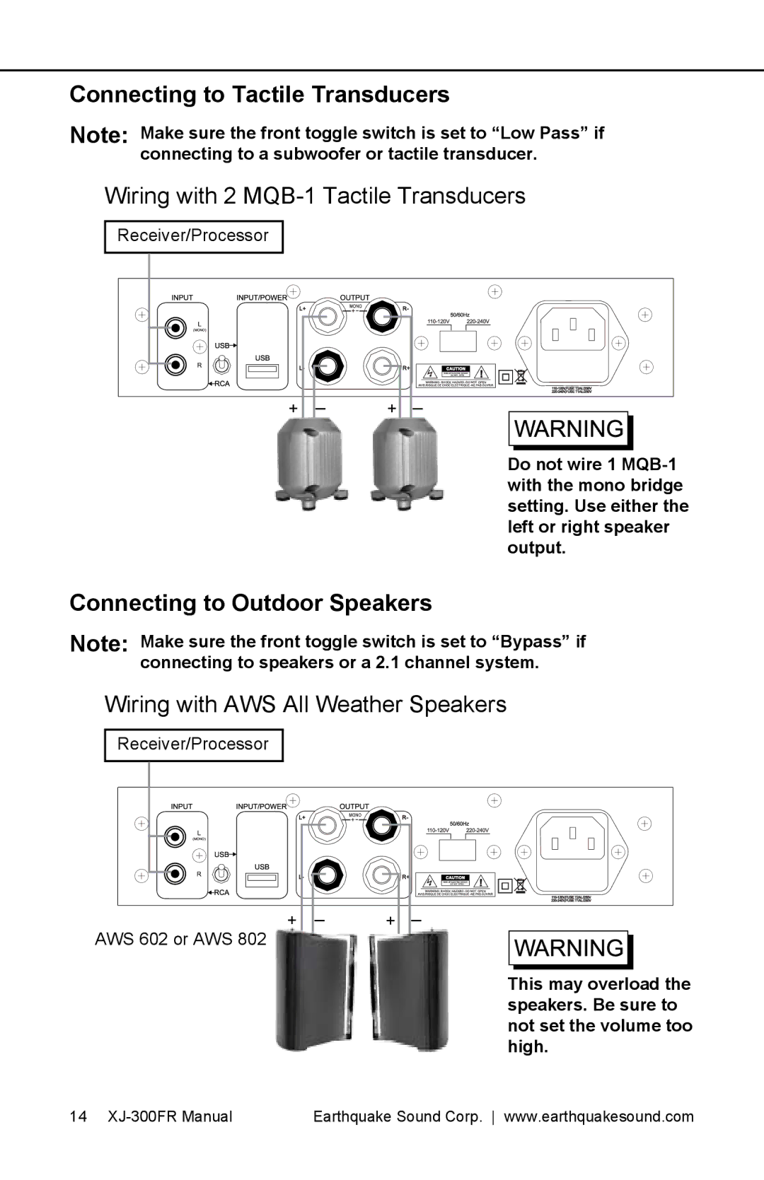 Earthquake Sound XJ-300 FR user manual Connecting to Tactile Transducers, Wiring with 2 MQB-1 Tactile Transducers 