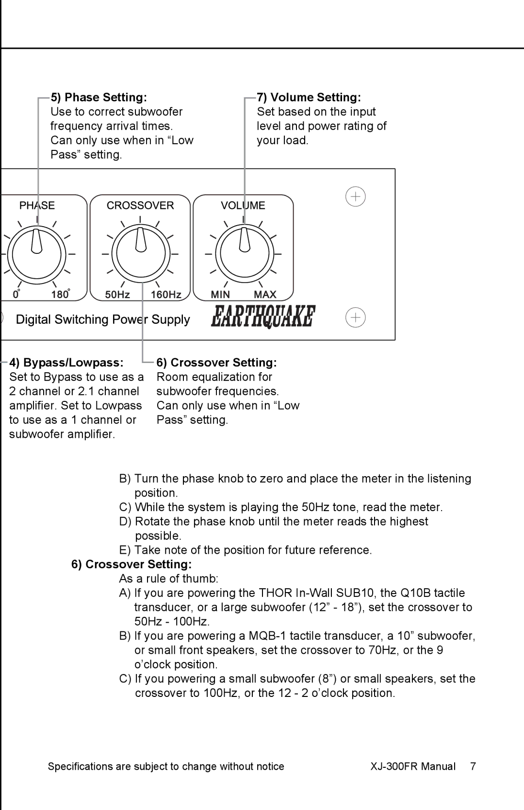 Earthquake Sound XJ-300 FR user manual Volume Setting, Crossover Setting 