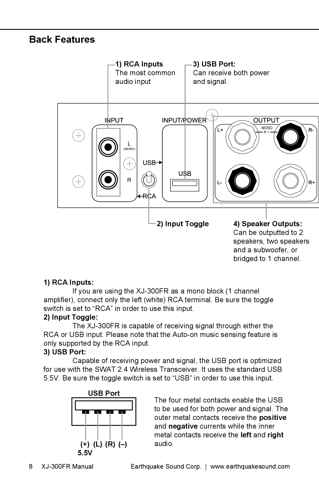 Earthquake Sound XJ-300 FR user manual Back Features 