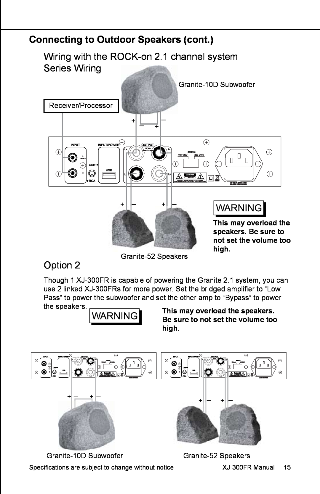 Earthquake Sound XJ-300 FR user manual Connecting to Outdoor Speakers cont, Option 