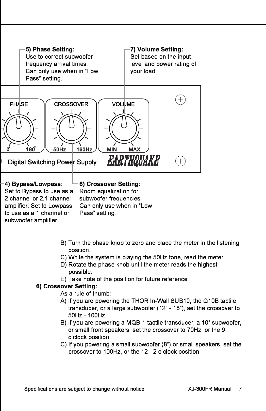 Earthquake Sound XJ-300 FR user manual Phase Setting, 7Volume Setting, 6Crossover Setting 