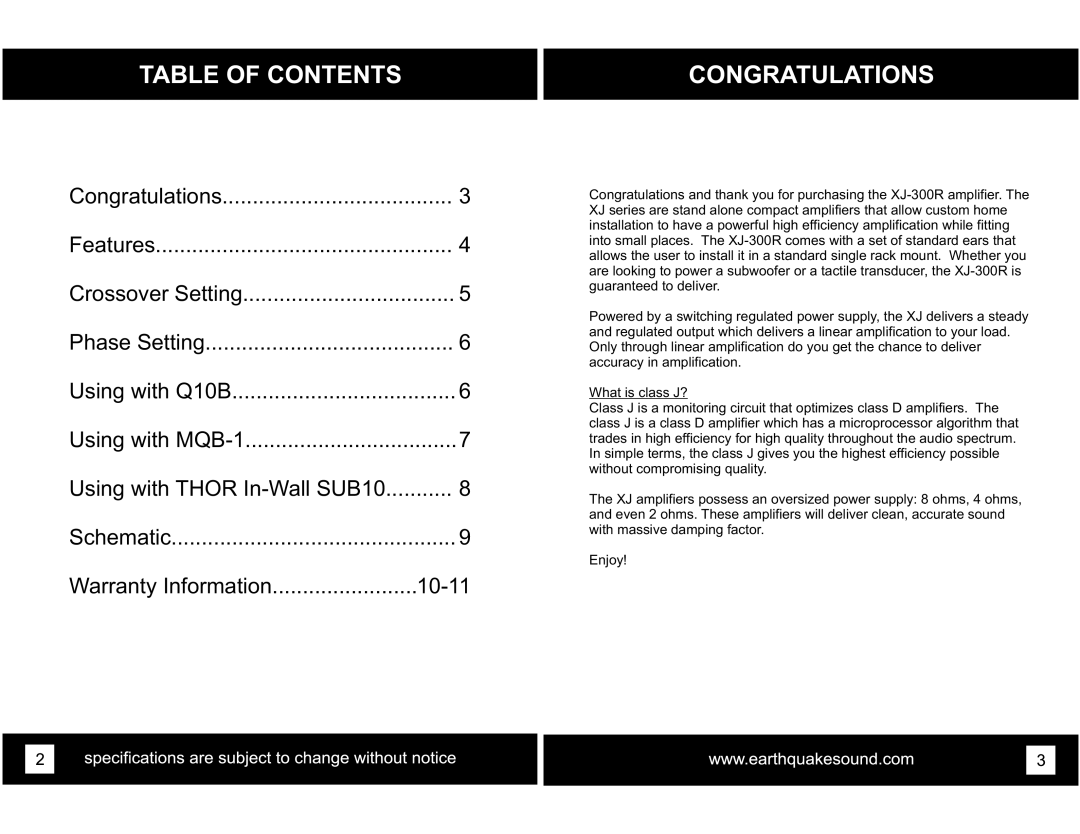 Earthquake Sound XJ-300R user manual Table of Contents, Congratulations 