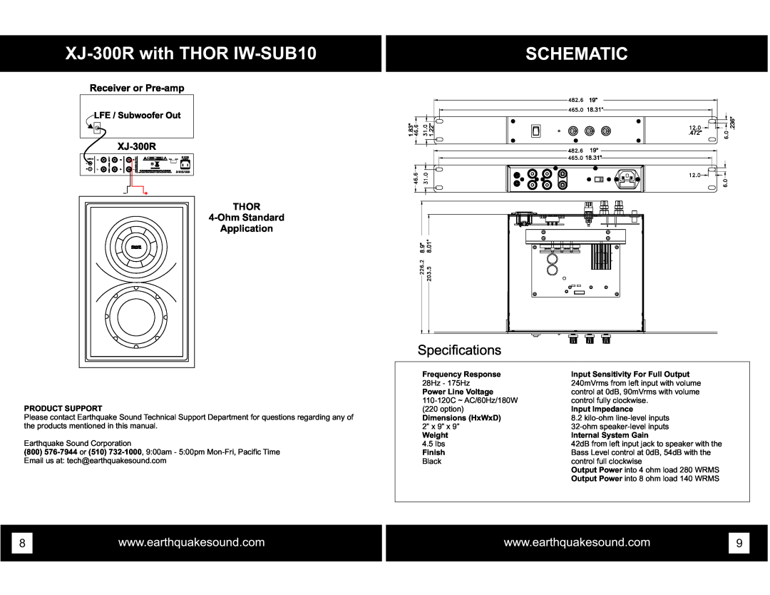 Earthquake Sound XJ-300Rwith THOR IW-SUB10, Specifications, THOR 4-OhmStandard Application, Product Support, Weight 