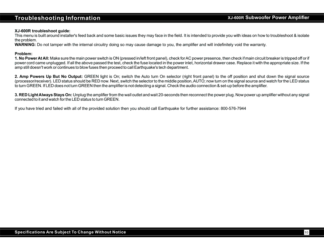 Earthquake Sound user manual Troubleshooting Information, XJ-600R troubleshoot guide, Problem 