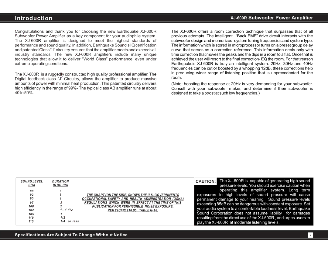 Earthquake Sound user manual Introduction, XJ-600RSubwoofer Power Amplifier 