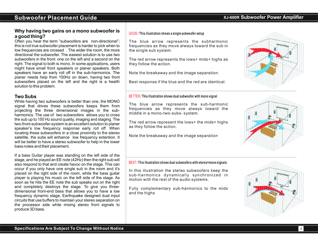 Earthquake Sound XJ-600R user manual Subwoofer Placement Guide, Good / This illustration shows a single subwoofer setup 