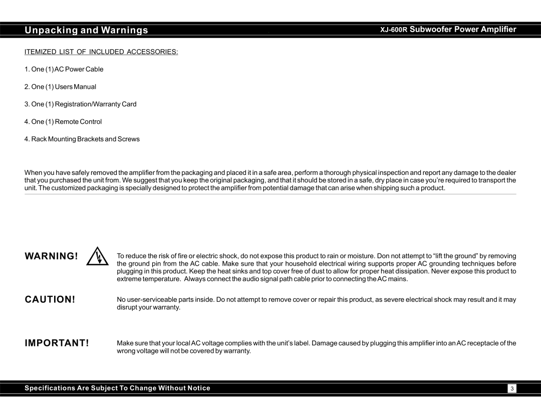 Earthquake Sound user manual Unpacking and Warnings, XJ-600R Subwoofer Power Amplifier 