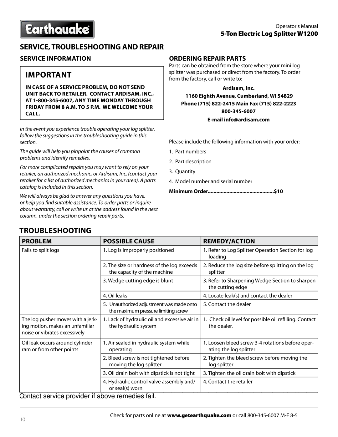 EarthQuake W1200 dimensions SERVICE, Troubleshooting and Repair, Service Information, Ordering Repair Parts 