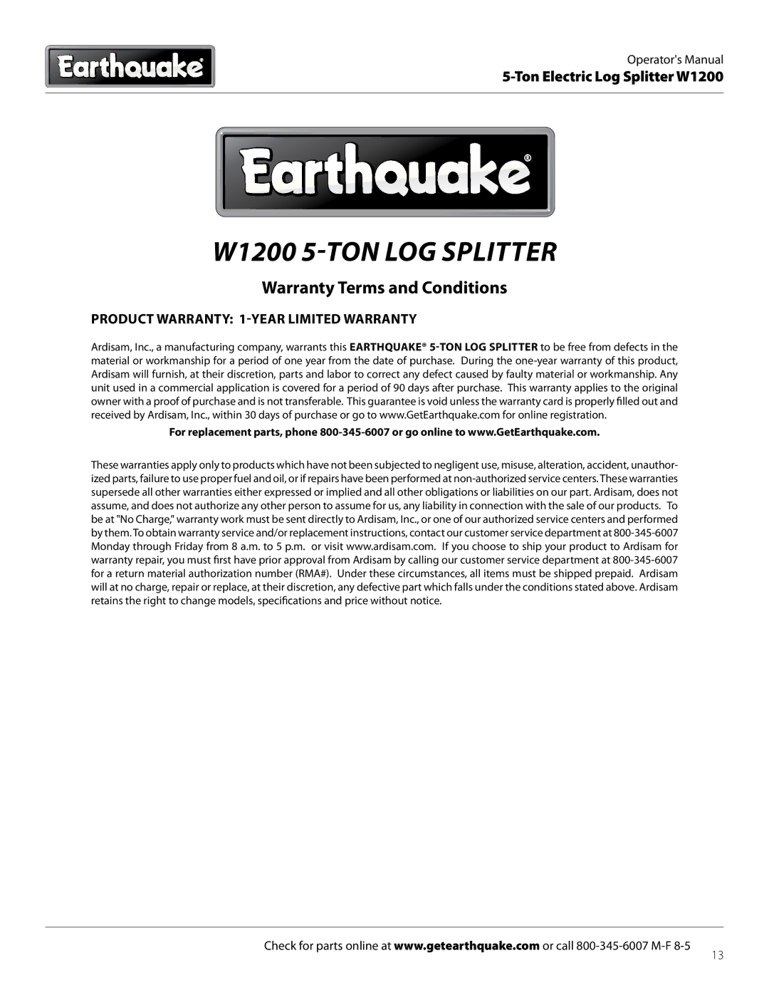 EarthQuake dimensions W1200 5-Ton Log Splitter 