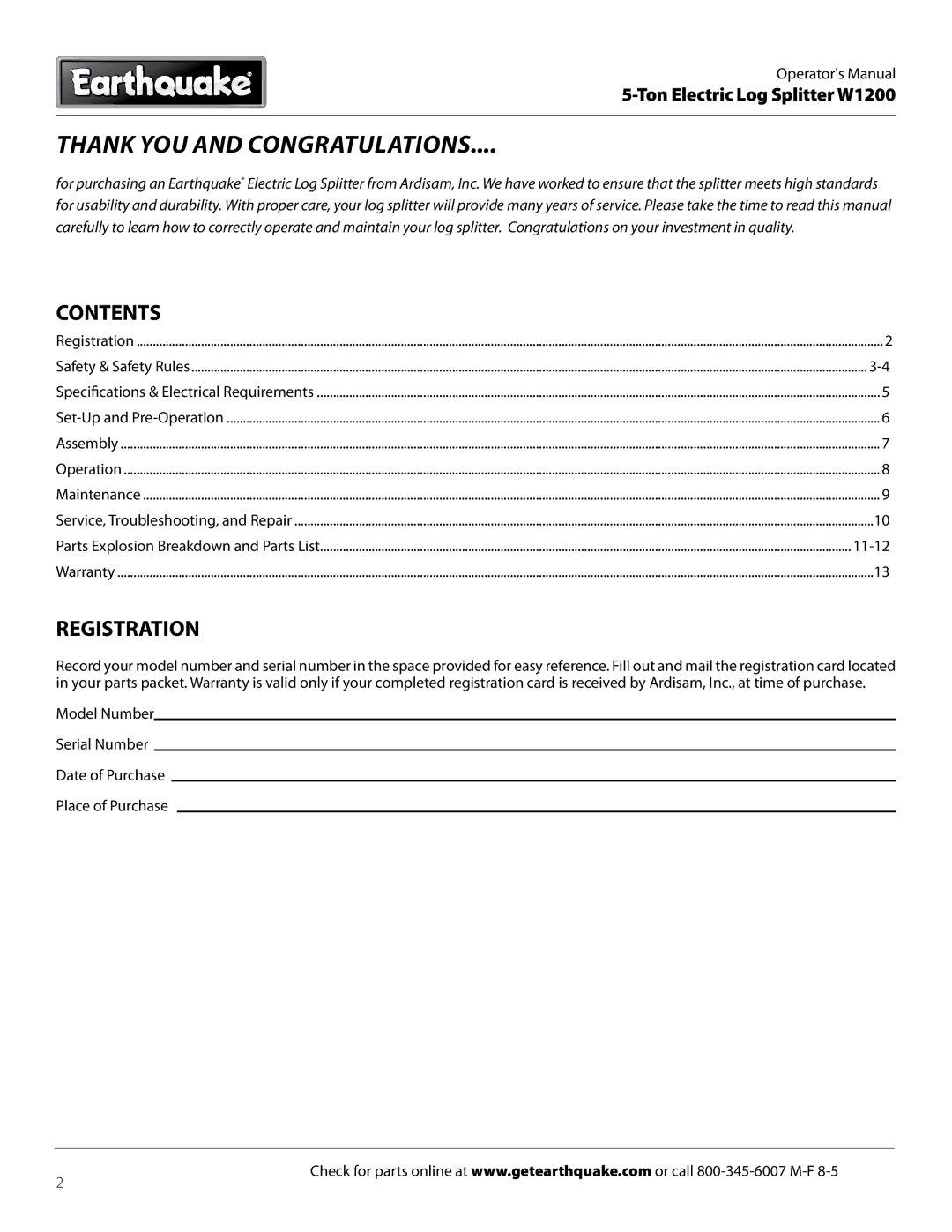 EarthQuake W1200 dimensions Contents, Registration 