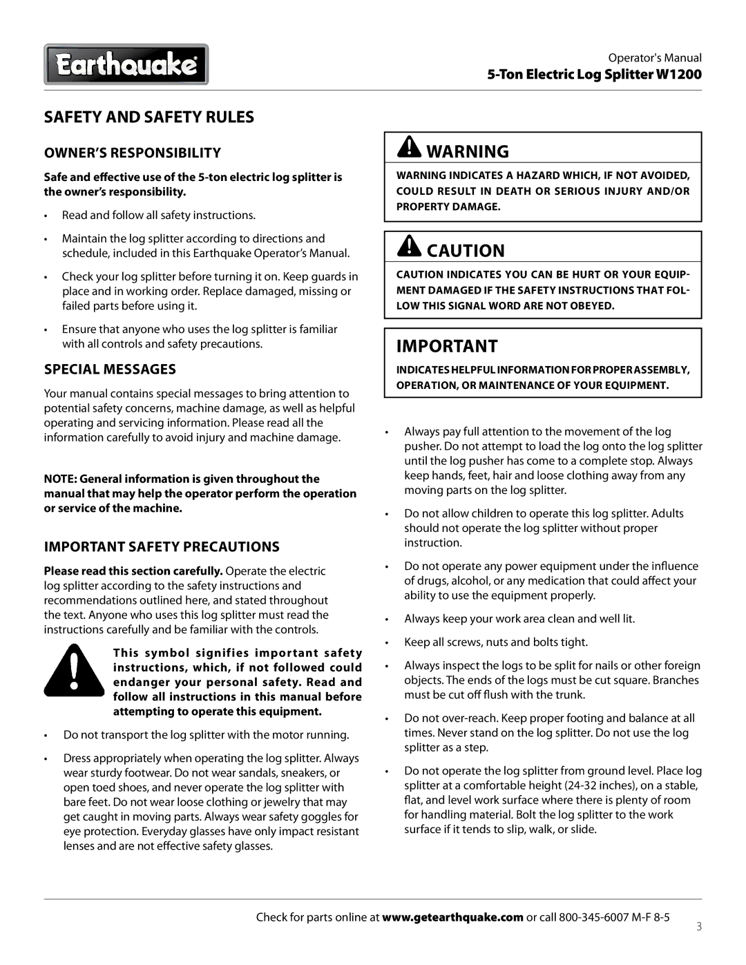 EarthQuake W1200 dimensions Safety and Safety Rules, Owner’s Responsibility, Special Messages, Important Safety Precautions 