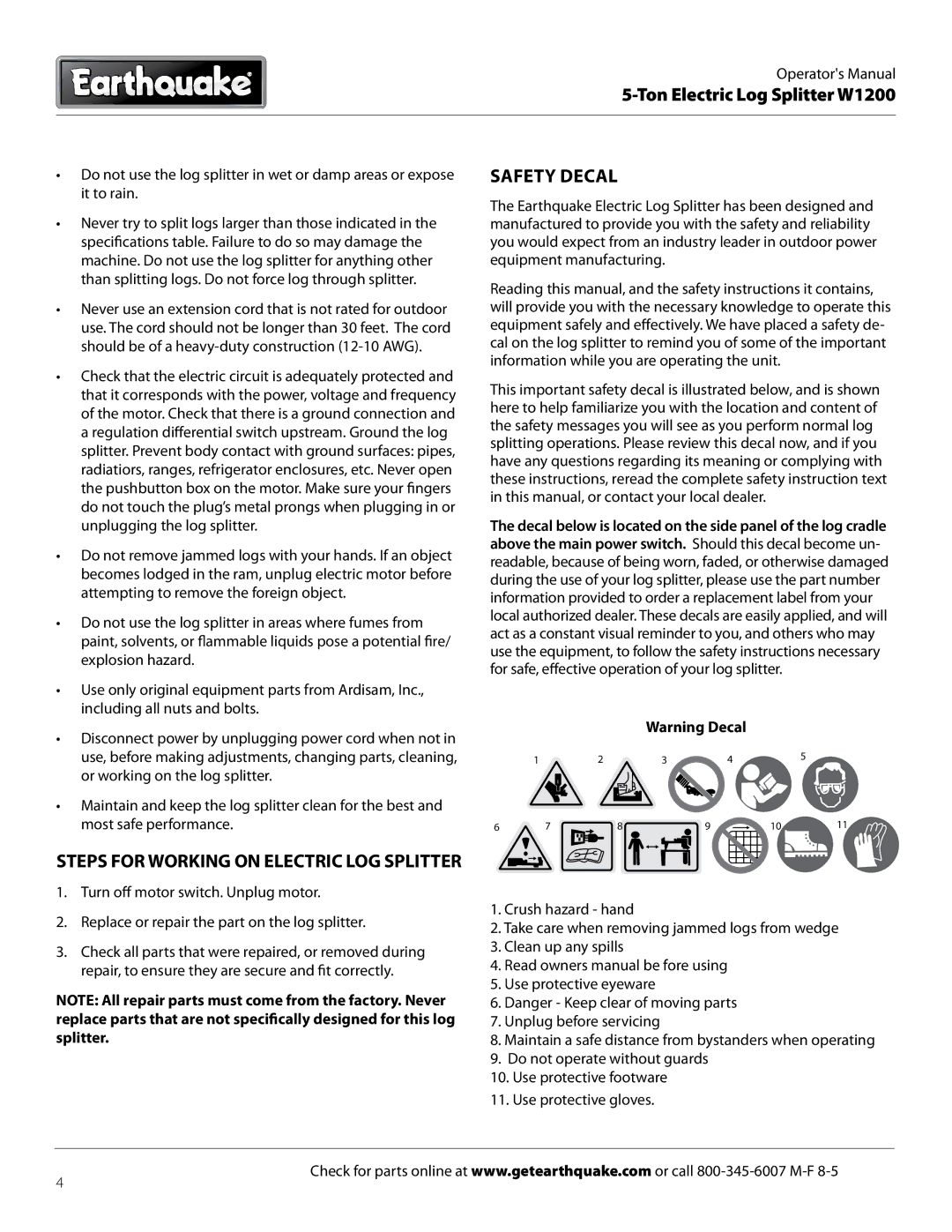 EarthQuake W1200 dimensions Safety Decal, Steps for Working on Electric Log Splitter 