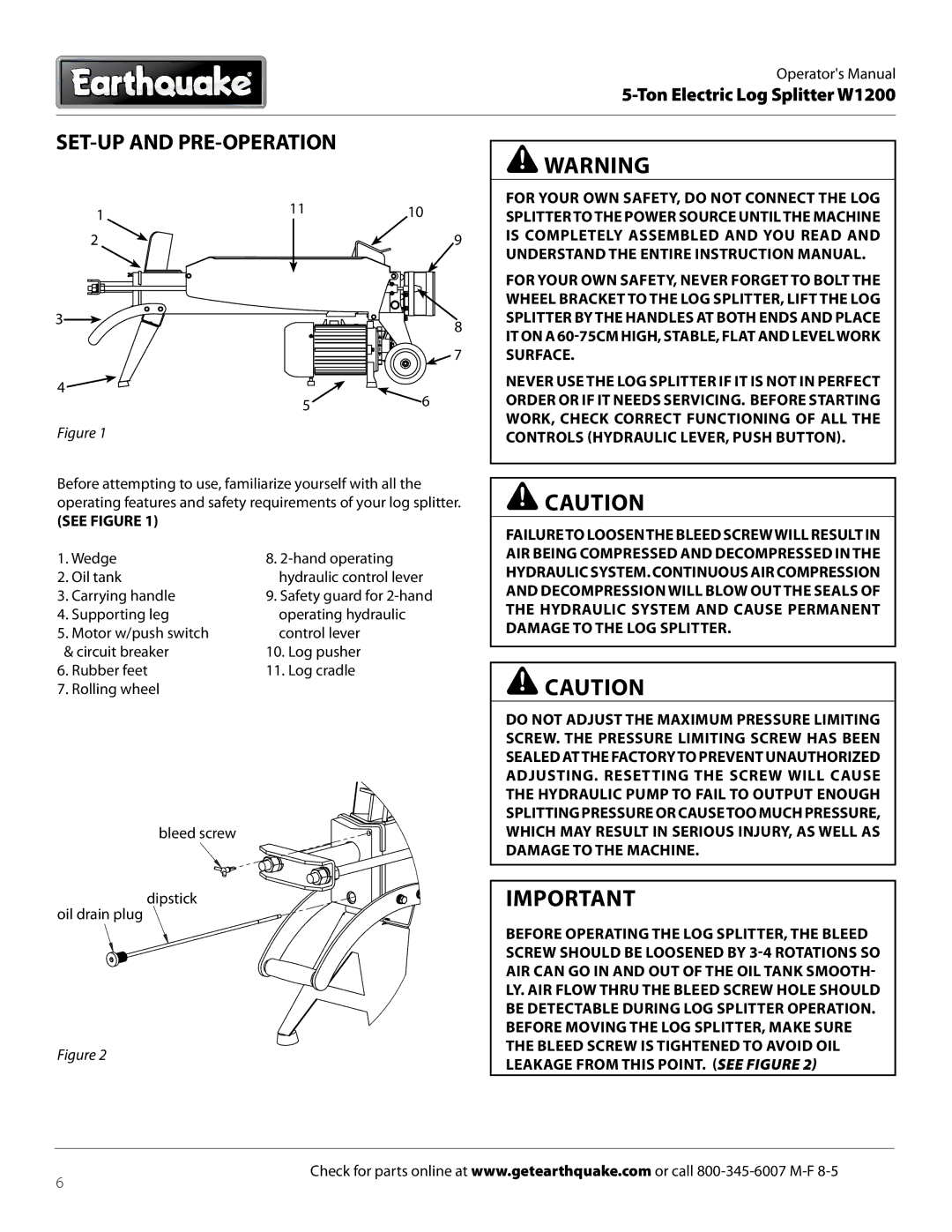 EarthQuake W1200 dimensions SET-UP and PRE-OPERATION, See Figure 