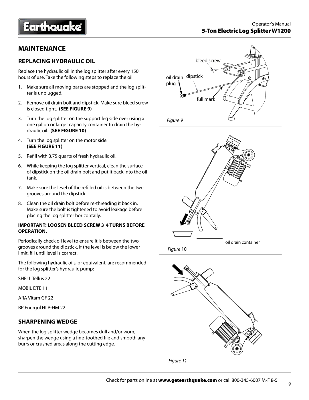 EarthQuake W1200 dimensions Maintenance, Replacing hydraulic oil, Sharpening wedge 