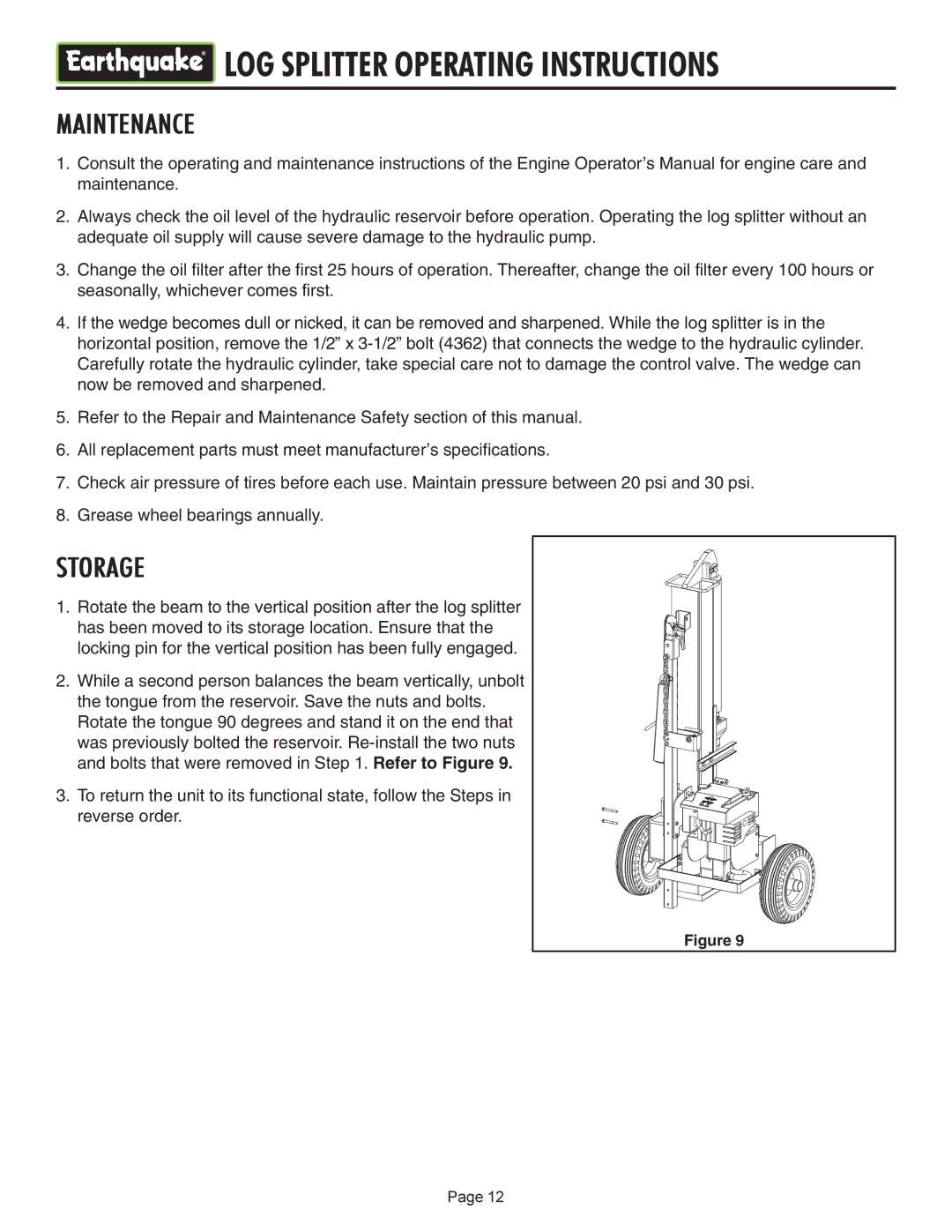 EarthQuake W2808, W2265 operating instructions Grease wheel bearings annually 