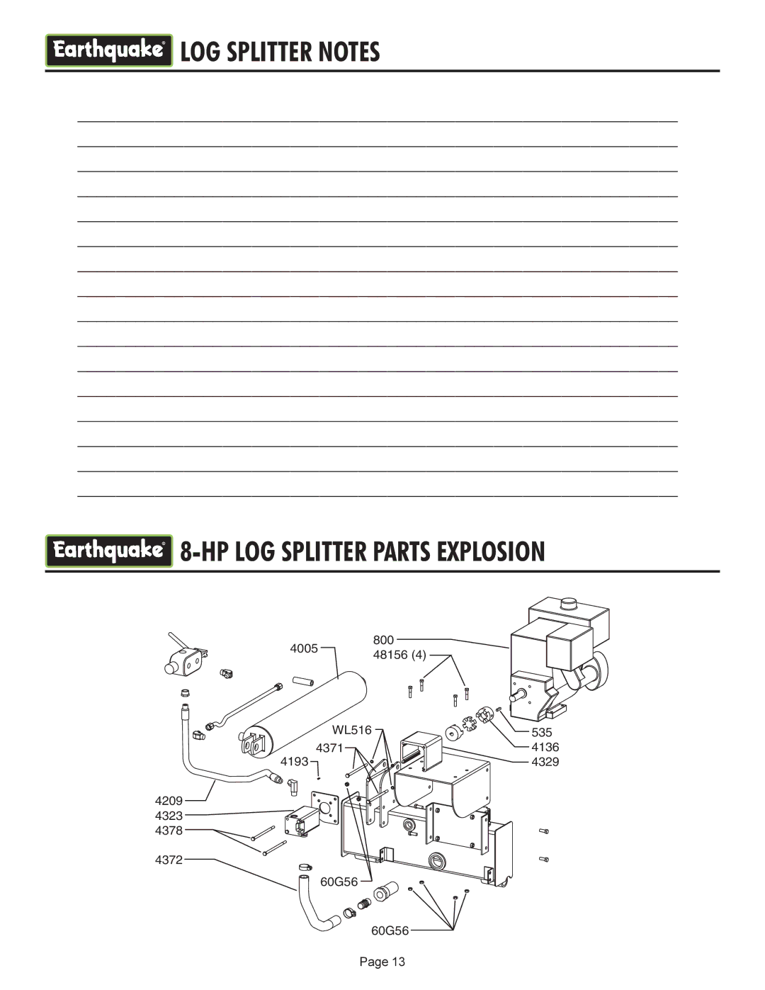 EarthQuake W2265, W2808 operating instructions LOG Splitter Notes HP LOG Splitter Parts Explosion 