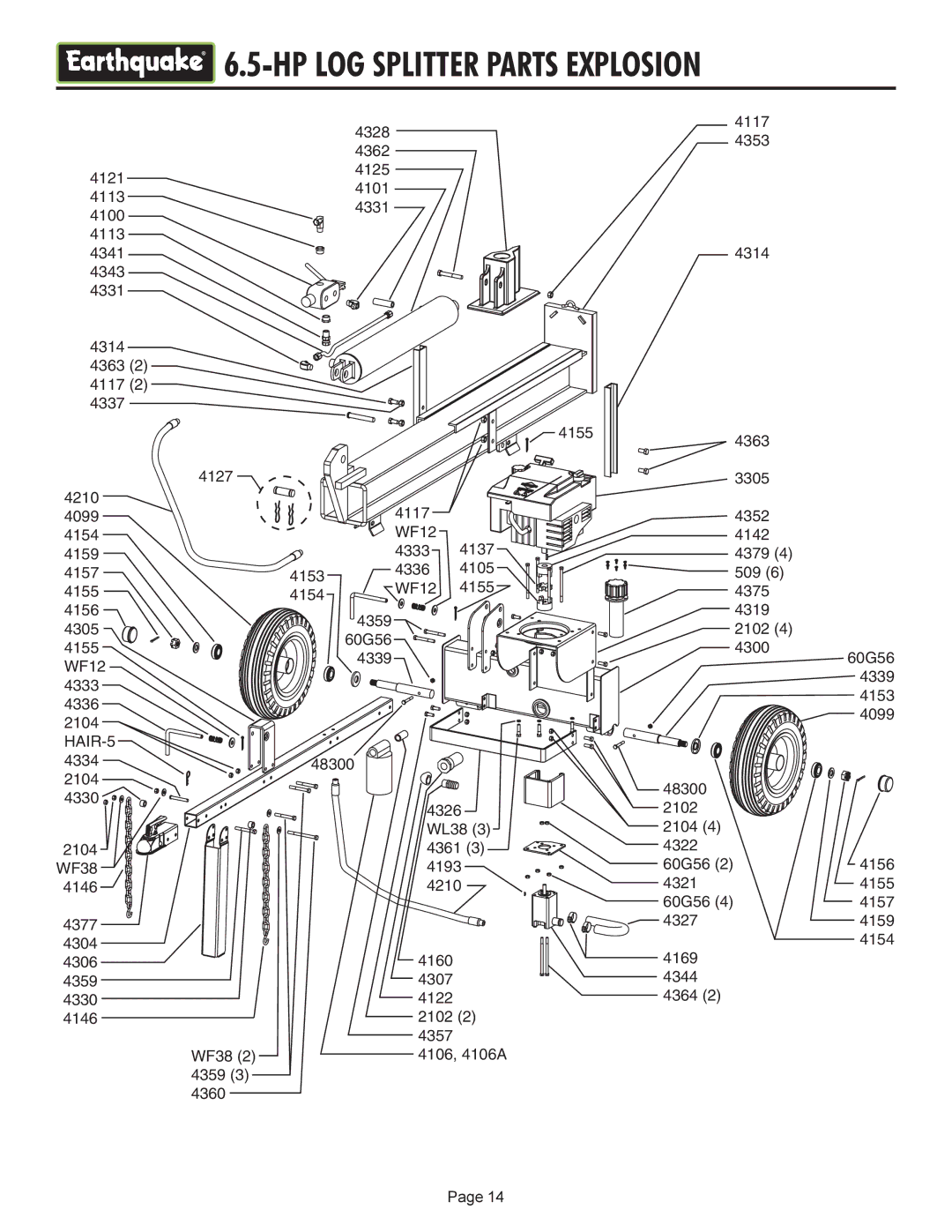 EarthQuake W2808, W2265 operating instructions HP LOG Splitter Parts Explosion 