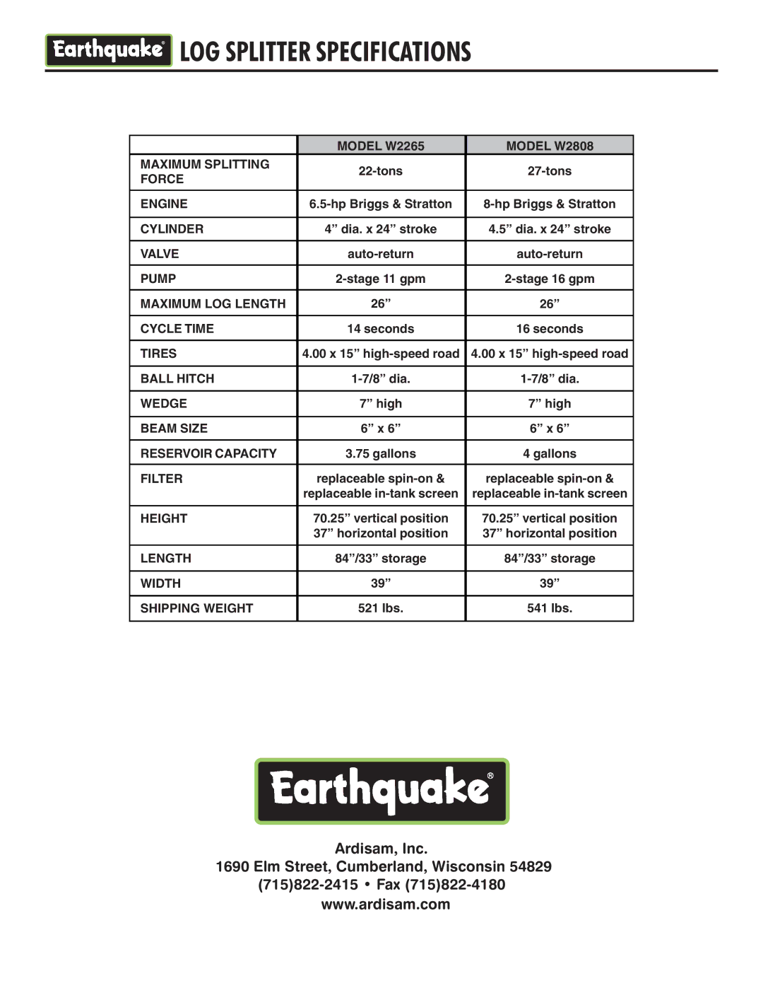 EarthQuake W2808, W2265 operating instructions LOG Splitter Specifications 