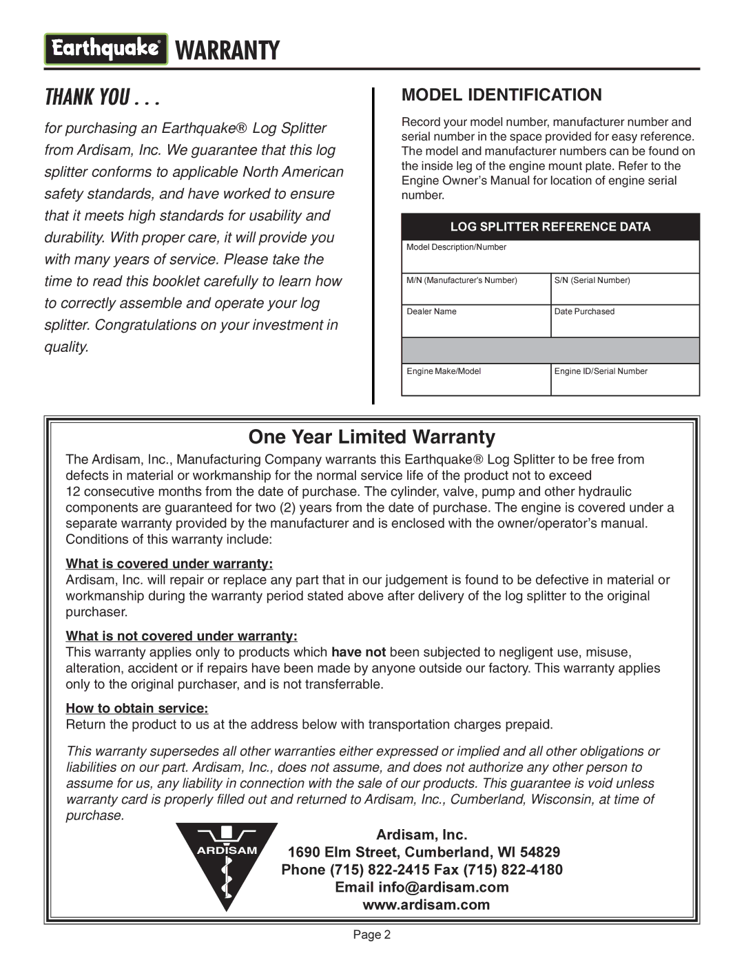 EarthQuake W2808, W2265 operating instructions Warranty 