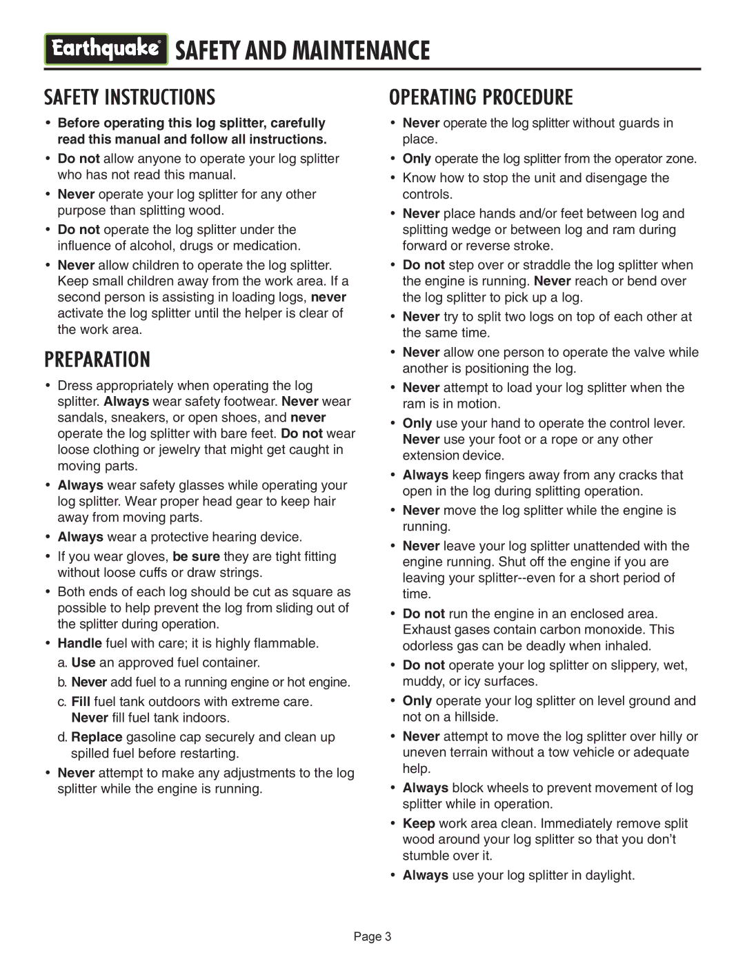 EarthQuake W2265, W2808 operating instructions Safety and Maintenance 