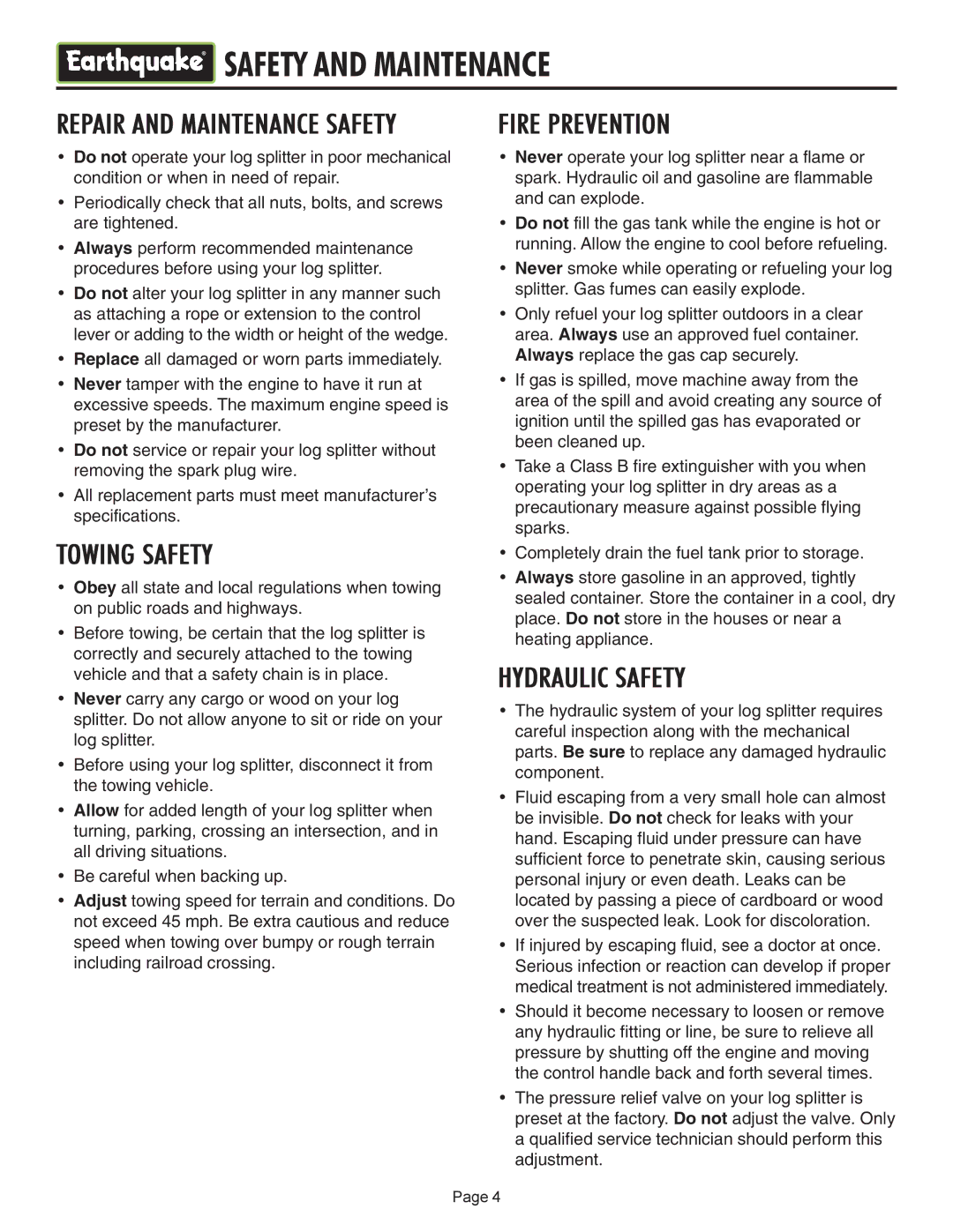 EarthQuake W2808, W2265 operating instructions Safety and Maintenance 