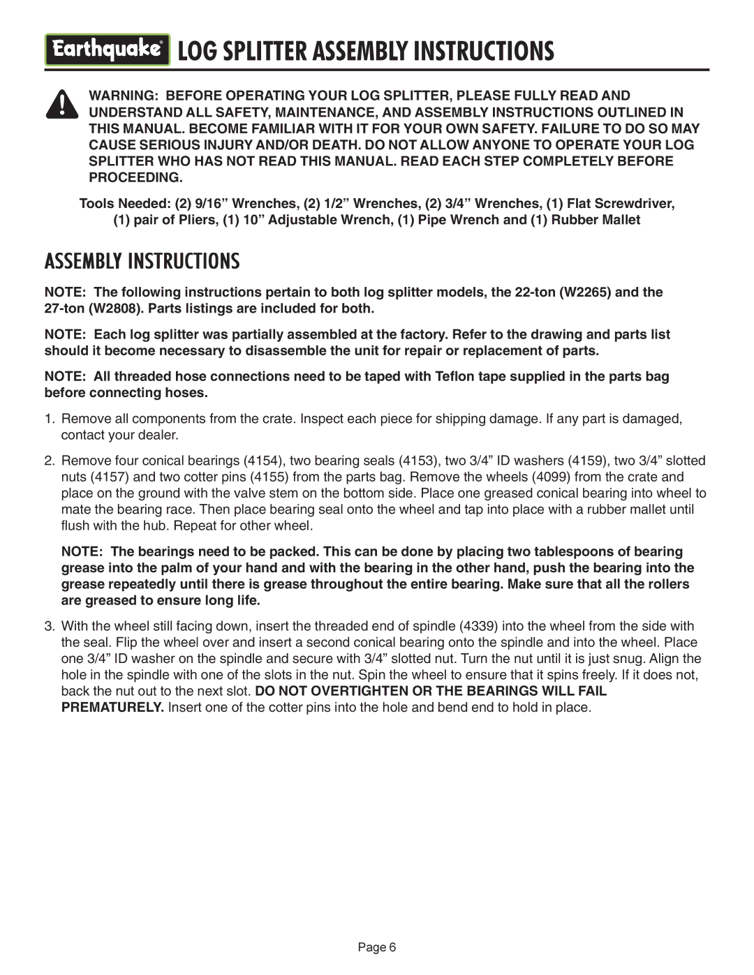EarthQuake W2808, W2265 operating instructions LOG Splitter Assembly Instructions 
