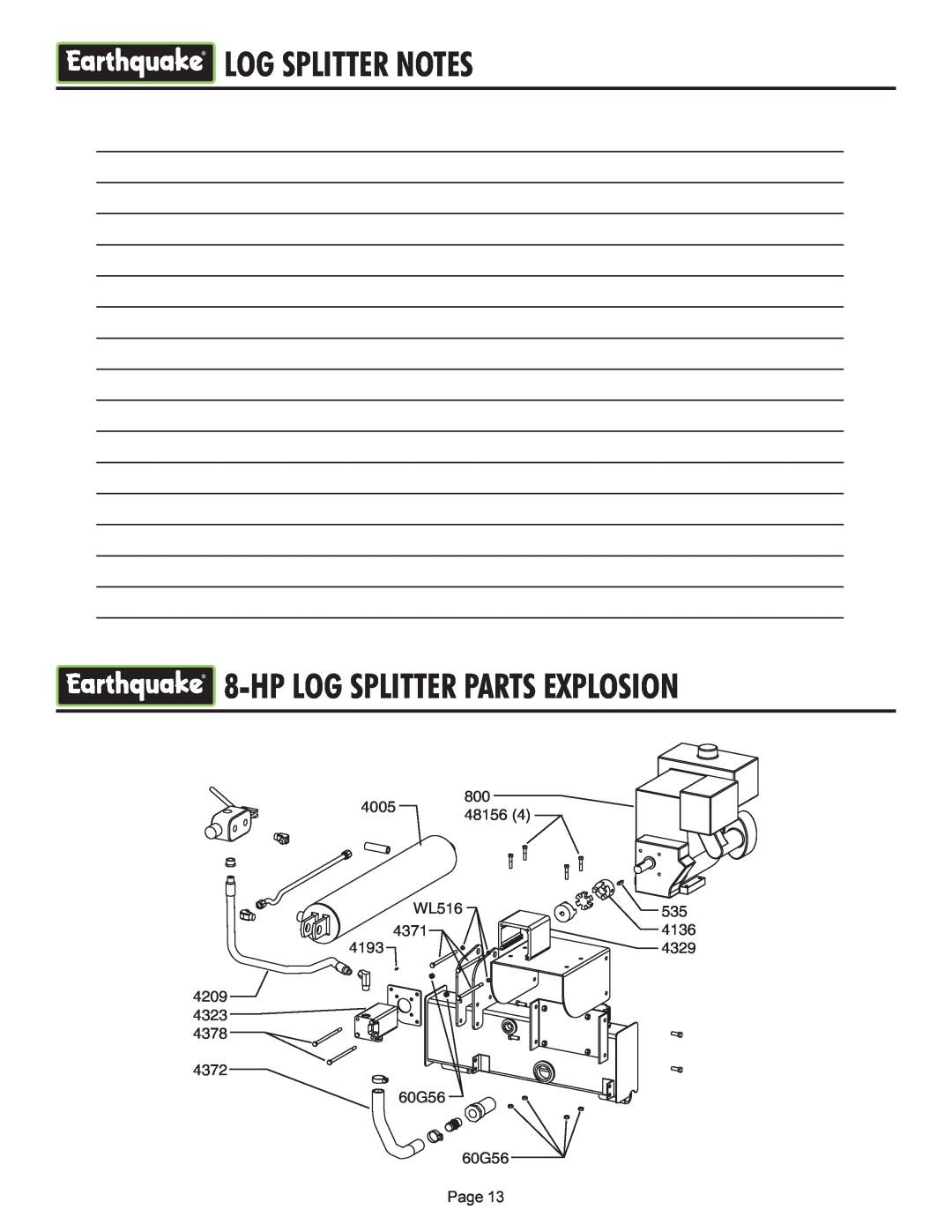 EarthQuake W2265, W2808 operating instructions Log Splitter Notes, Hplog Splitter Parts Explosion 