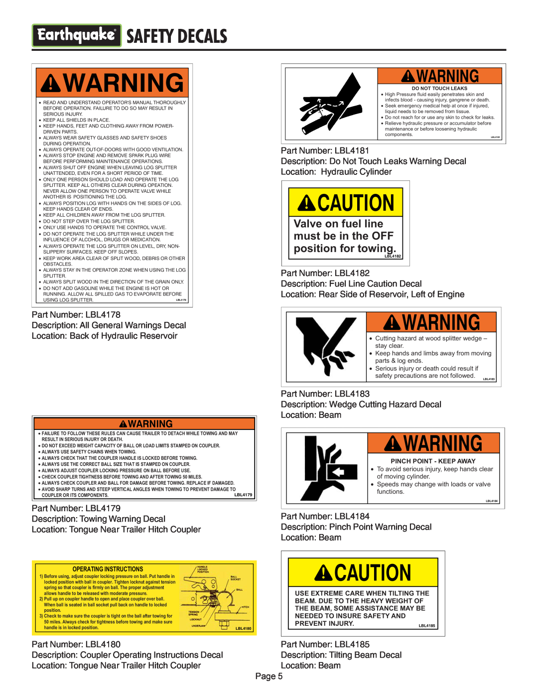 EarthQuake W2265, W2808 operating instructions Safety Decals 