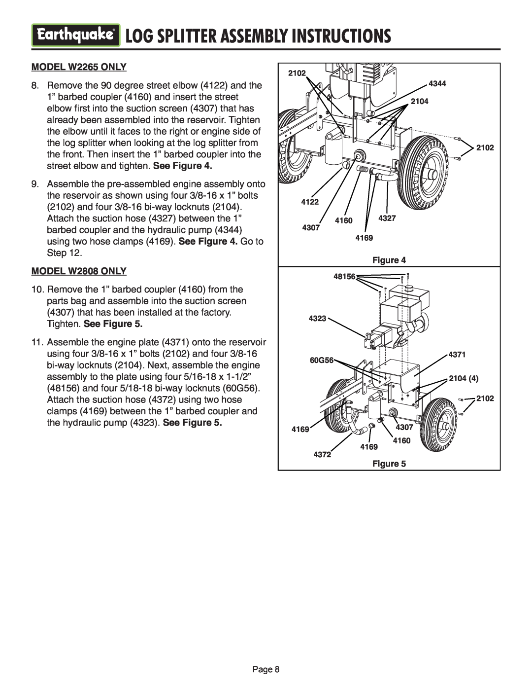 EarthQuake Log Splitter Assembly Instructions, MODEL W2265 ONLY, MODEL W2808 ONLY, Tighten. See Figure 