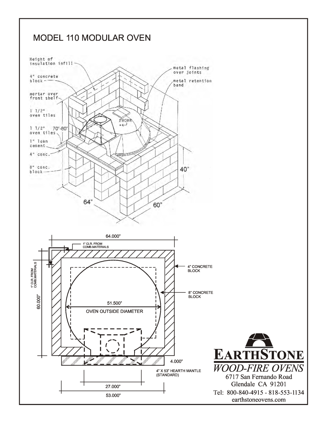 EarthStone 110 Modular Earth Stone, San Fernando Road, Glendale CA, Tel, Wood-Fire Ovens, MODEL 110 MODULAR OVEN, 60.000” 
