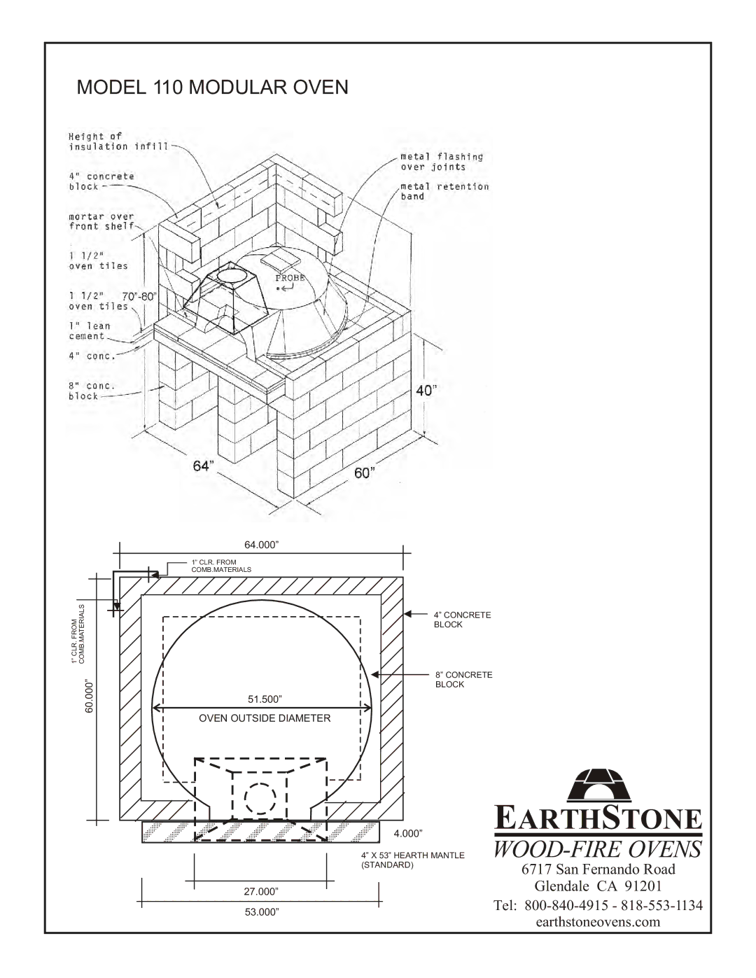 EarthStone installation instructions Earth Stone, Model 110 Modular Oven 