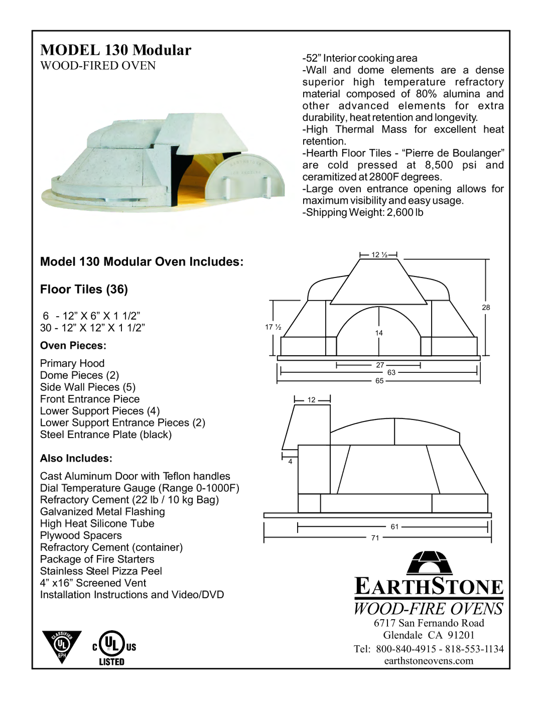 EarthStone installation instructions Earthstone, Model 130 Modular Oven Includes Floor Tiles, Oven Pieces 