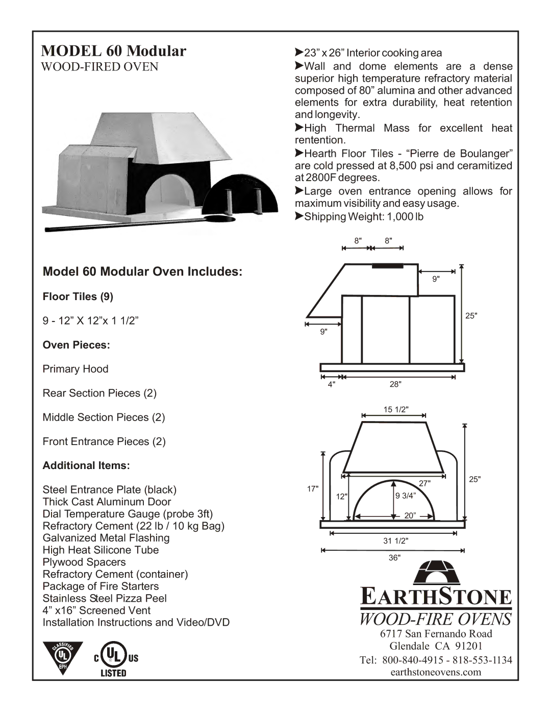 EarthStone installation instructions Earthstone, WOOD-FIRE Ovens, Model 60 Modular Oven Includes 