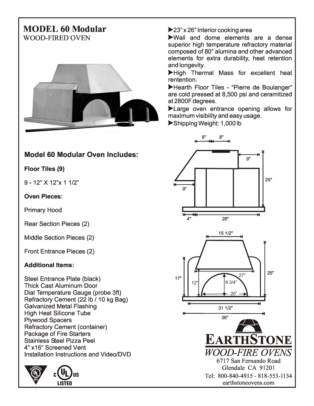 EarthStone installation instructions Earthstone, MODEL 60 Modular, Wood-Firedoven, San Fernando Road Glendale CA 