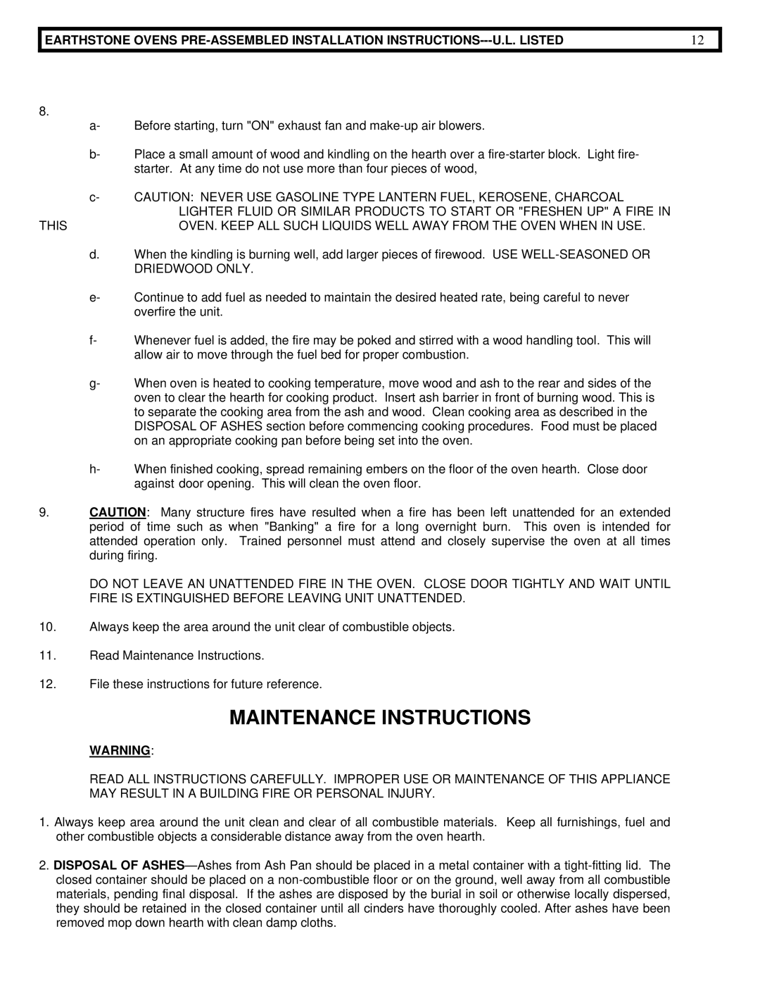 EarthStone woofire oven installation instructions Maintenance Instructions 