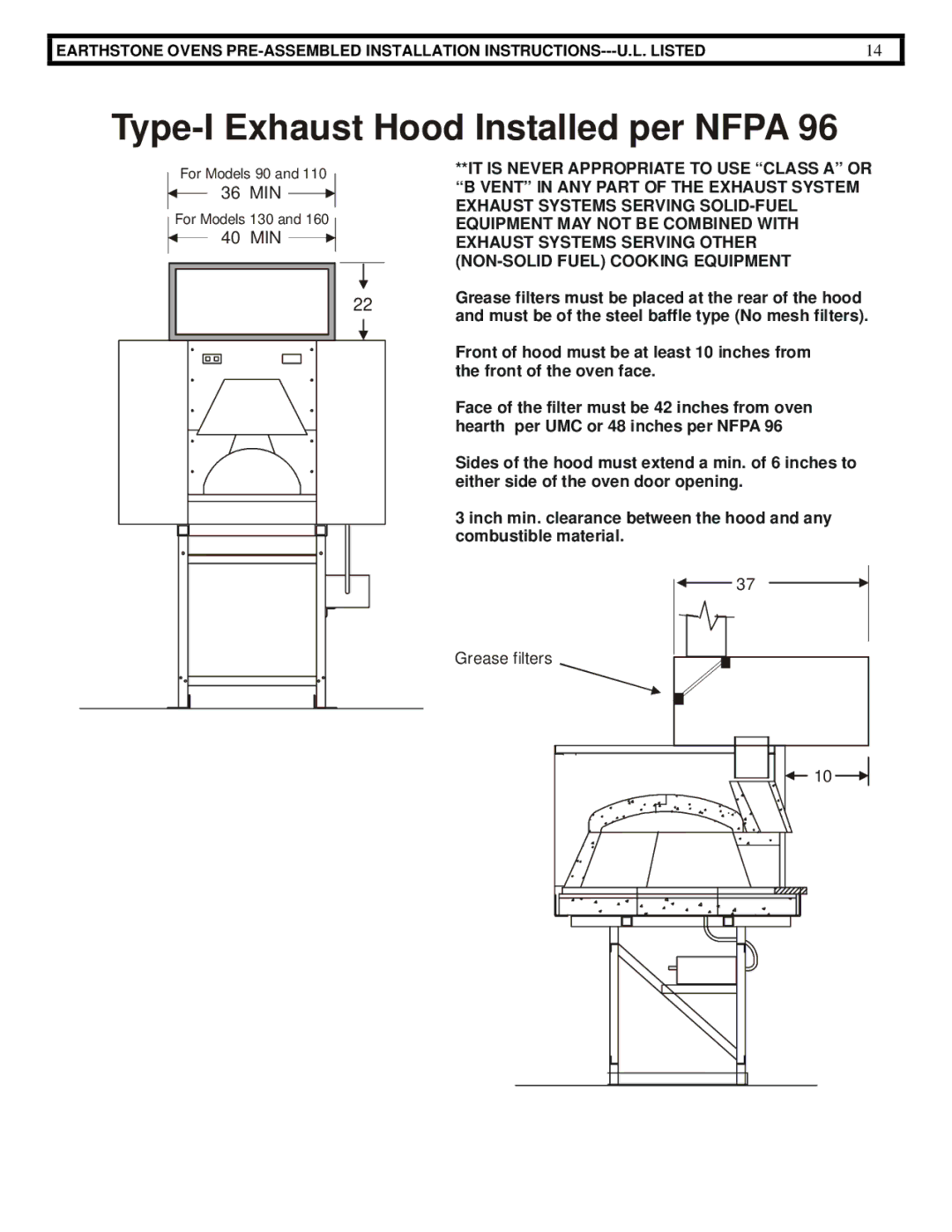 EarthStone woofire oven installation instructions Type-I Exhaust Hood Installed per Nfpa 